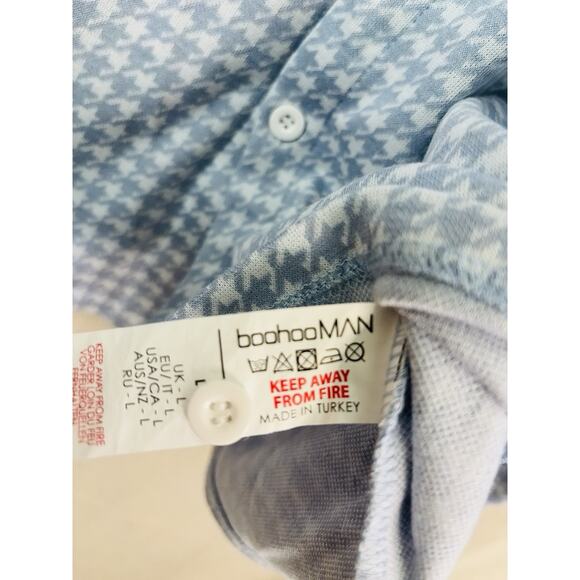 Boohoo Man Knit Button Down Top Men Large Blue White Houndstooth Academia Preppy - Picture 6 of 8